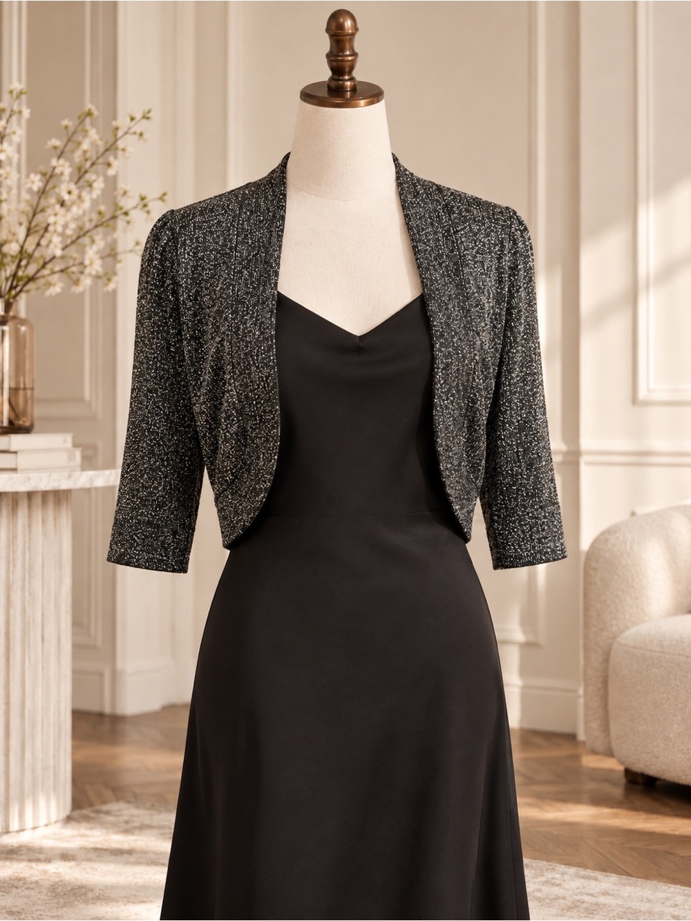 Le Château Black Silver Metallic Cropped Bolero Shrug XXL Evening